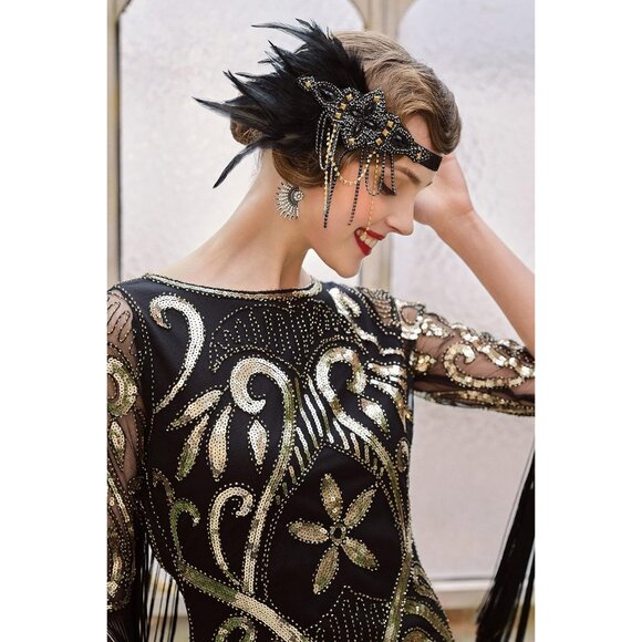 1920s Flapper Headpiece Crystal Beads Feather Headband for Gatsby Costumes - Picture 4 of 5
